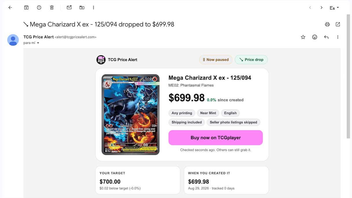 A TCGPriceAlert price drop alert delivered by email