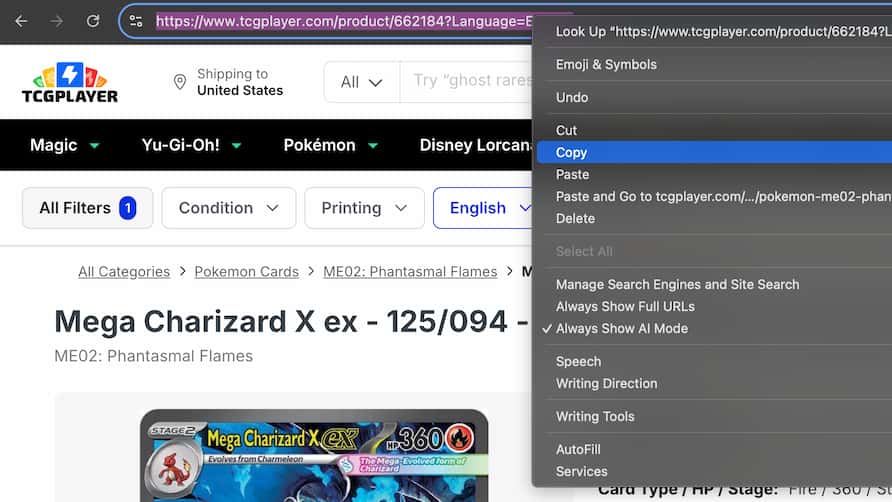Copying a TCGPlayer product URL from the address bar