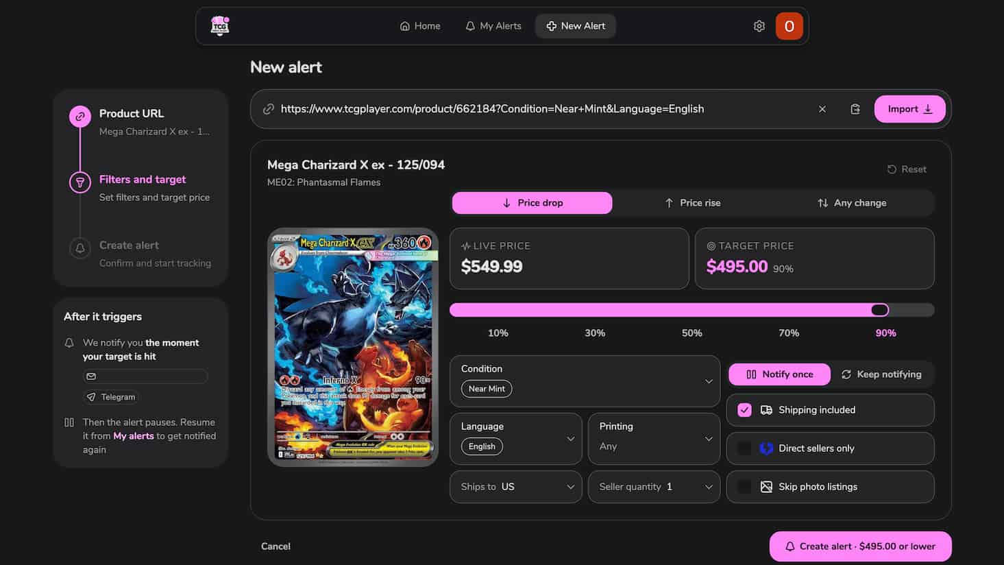 Choosing condition, language, printing and target price on the new alert form