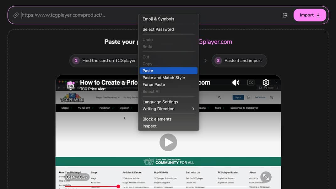 Pasting a TCGPlayer product link into TCGPriceAlert