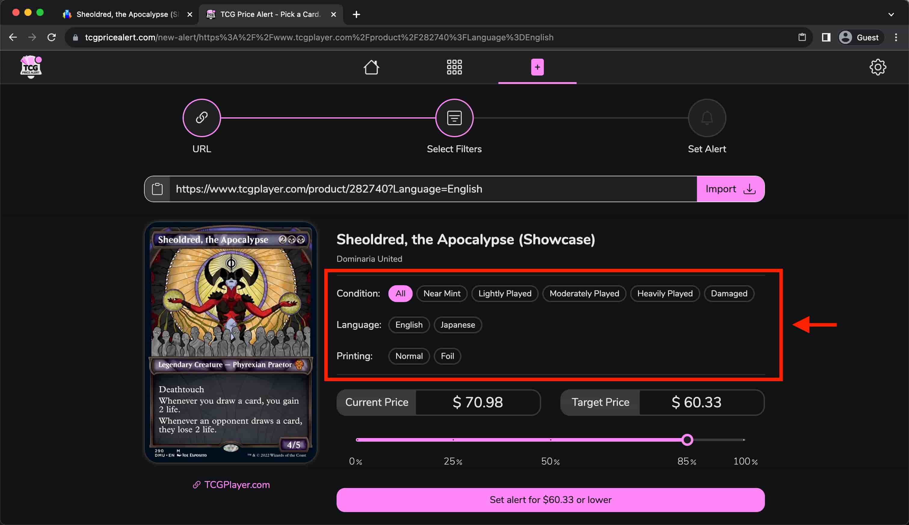 Select filters like condition and language on TCGPriceAlert